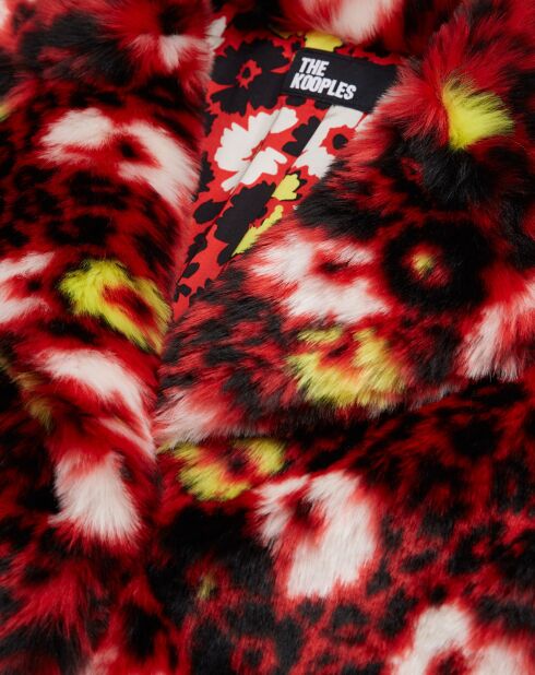 Manteau en Fausse Fourrure jacquard fleuri rouge foncé