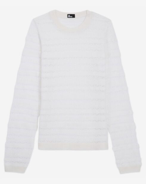Pointelle trui van wolmix met geborduurde details in lichtbeige