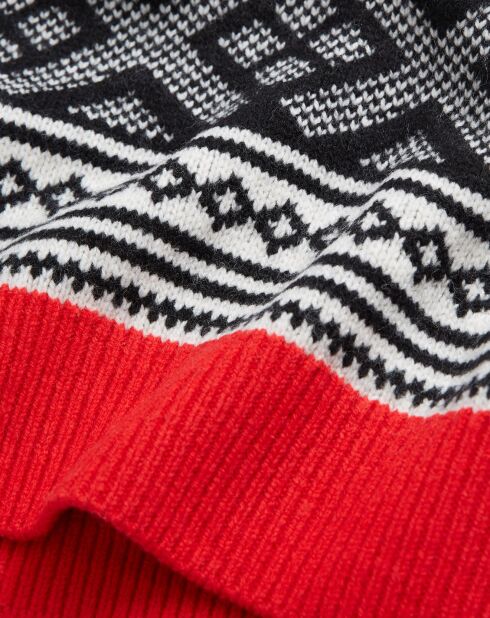 Jacquard-Pullover mit Rundhalsausschnitt aus 100% Wolle mit kontrastfarbenem Rippstrick in Schwarz/Rot/Weiß