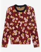 Pull 100% Laine col rond en Jacquard Fleurie rouge foncé