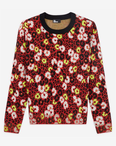 Pull 100% Laine col rond en Jacquard Fleurie rouge foncé