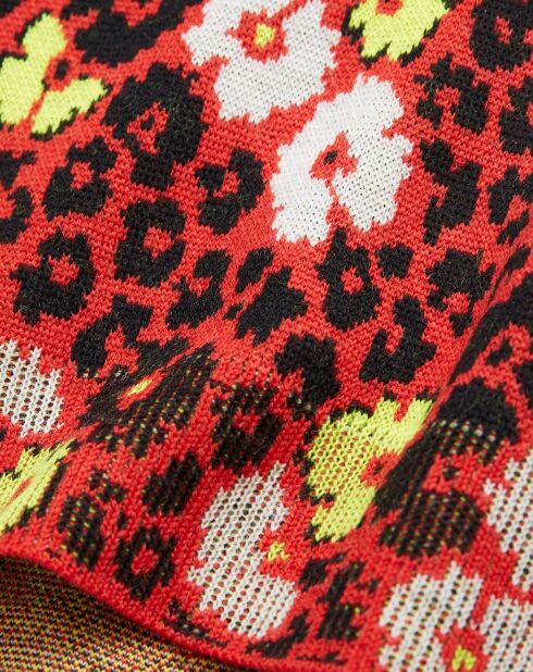 Pull 100% Laine col rond en Jacquard Fleurie rouge foncé