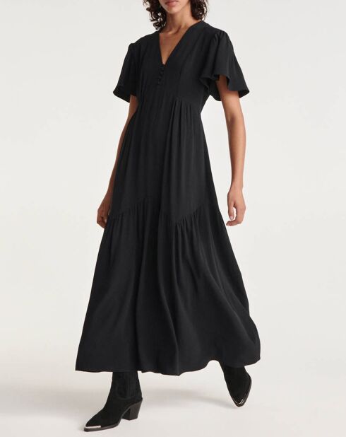 Robe Longue en Crêpe détail volants noire