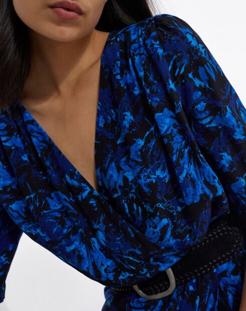 Donkerblauwe korte wikkeljurk met print