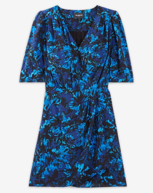 Donkerblauwe korte wikkeljurk met print