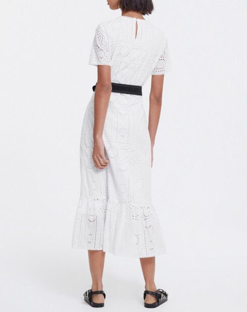 Robe Longue manches courtes Flower Embroidery blanche
