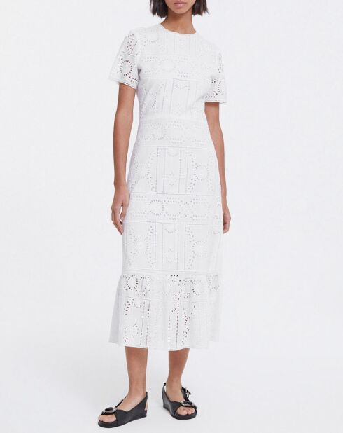 Robe Longue manches courtes Flower Embroidery blanche