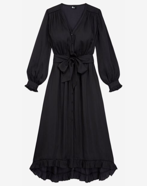 Robe Longue manches longues Boutons Fleurs noire