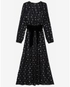 Robe longue plissée Polka Dots ceinture en Velours noir/écru