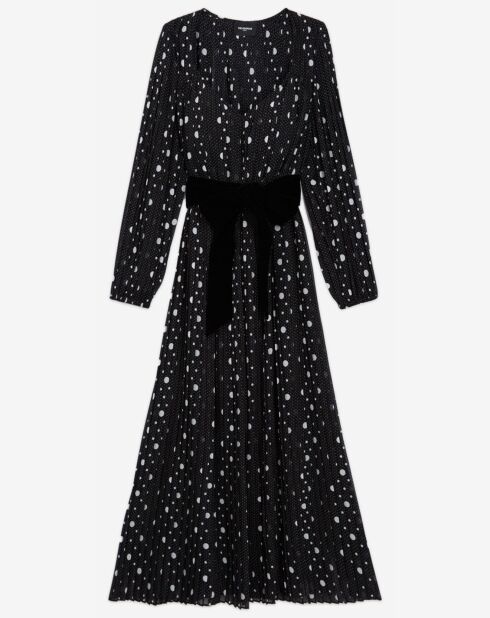 Robe longue plissée Polka Dots ceinture en Velours noir/écru