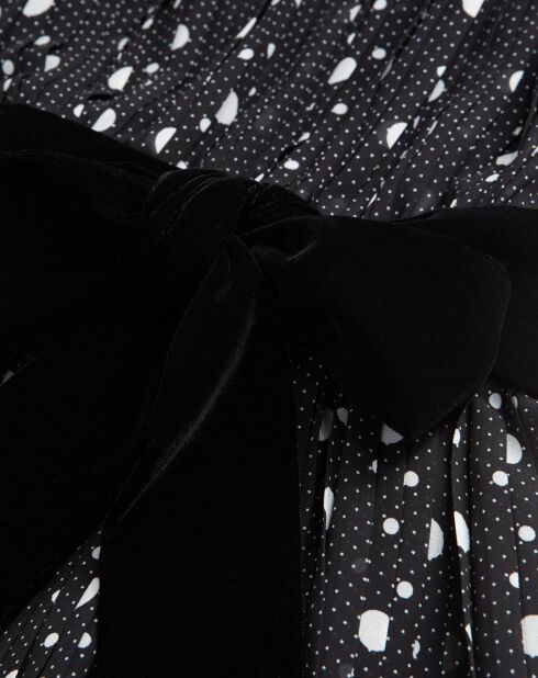 Robe longue plissée Polka Dots ceinture en Velours noir/écru