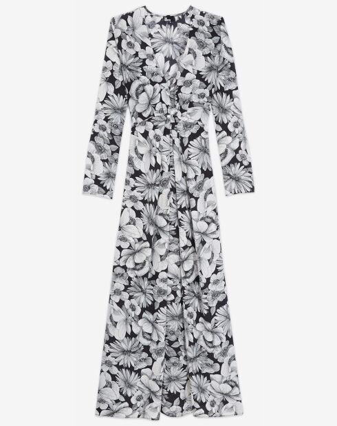 Robe Longue 100% Soie en Romantic Garden noir/blanc