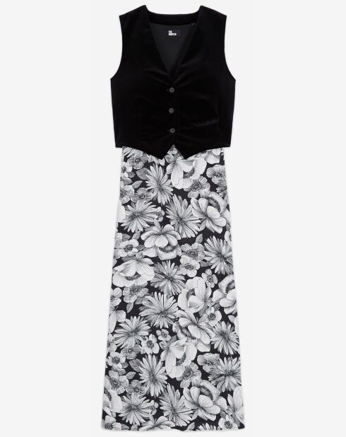 Robe longue en Coton & Soie Velours bas Romantic Garden noir/blanc