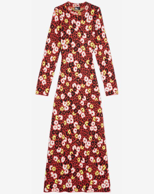 Robe 100% Laine Longue en Laine Jacquard Fleurie rouge foncé