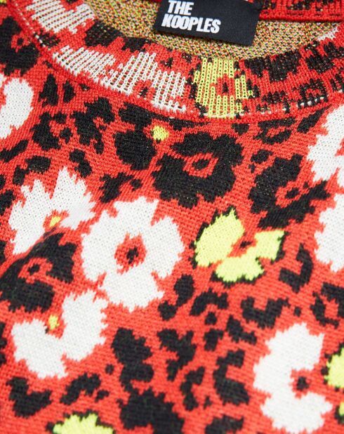 Robe 100% Laine Longue en Laine Jacquard Fleurie rouge foncé