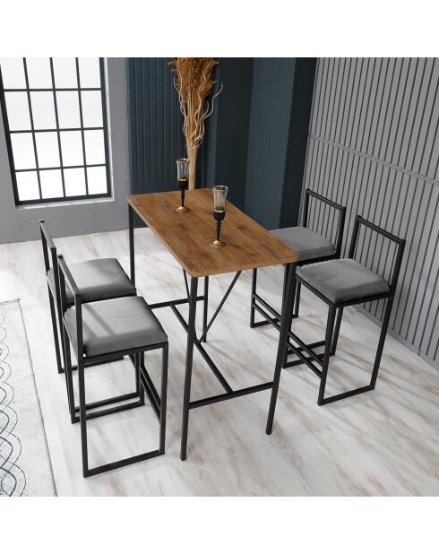 Table haute + 4 Tabourets de bar Nordic fumée/noyer/noir