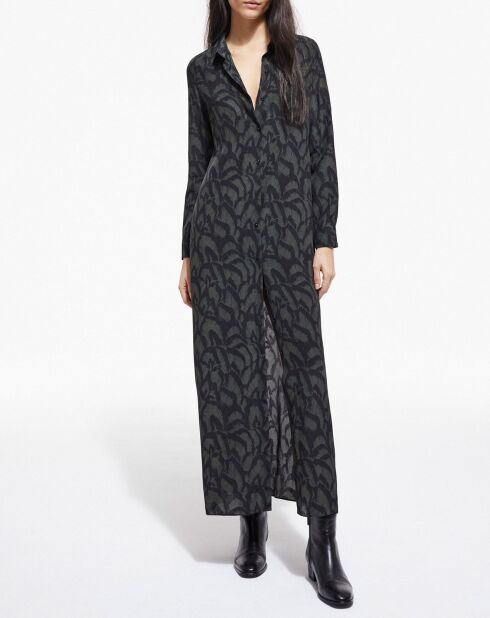 Robe longue 100% Soie manches longues kaki/noir