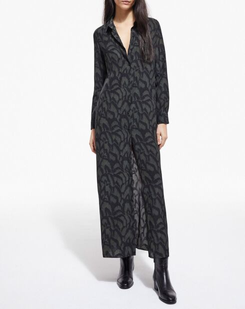Robe longue 100% Soie manches longues kaki/noir