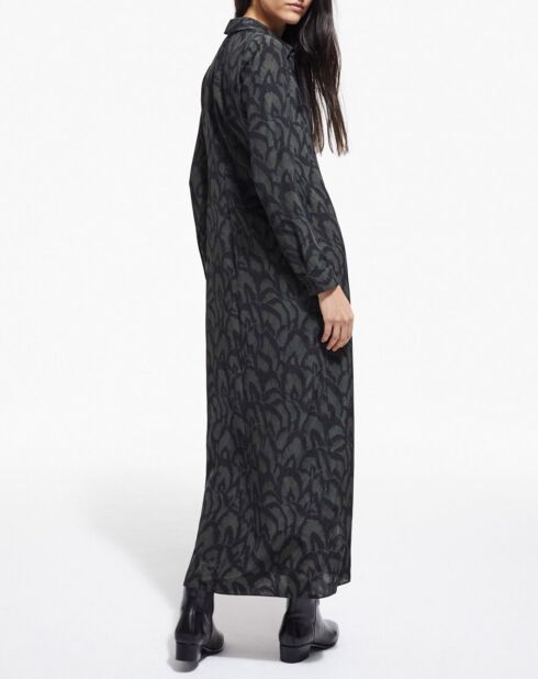 Robe longue 100% Soie manches longues kaki/noir