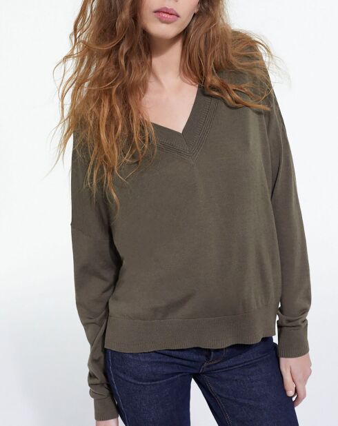 Pull 100% Laine col V en Laine algue