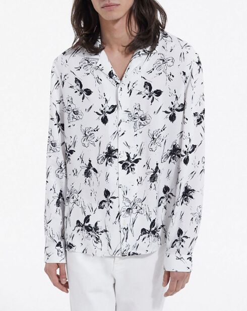 Chemise manches longues imprimée Fleurs col Hawaien blanc/noir