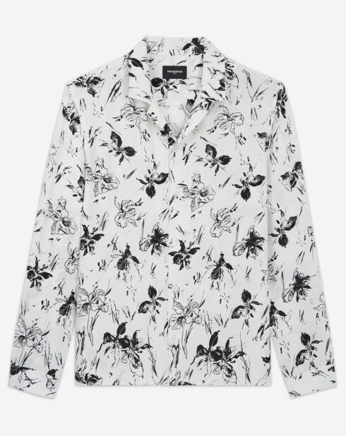 Chemise manches longues imprimée Fleurs col Hawaien blanc/noir