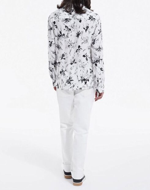 Chemise manches longues imprimée Fleurs col Hawaien blanc/noir