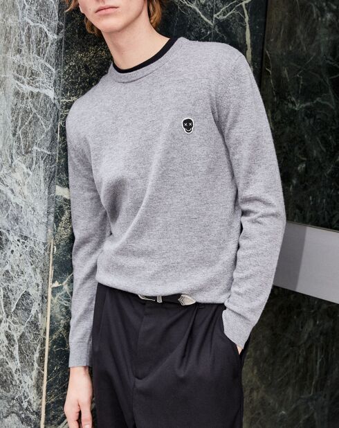 Pull en Laine & Cachemire avec Patch Happy Skull gris clair