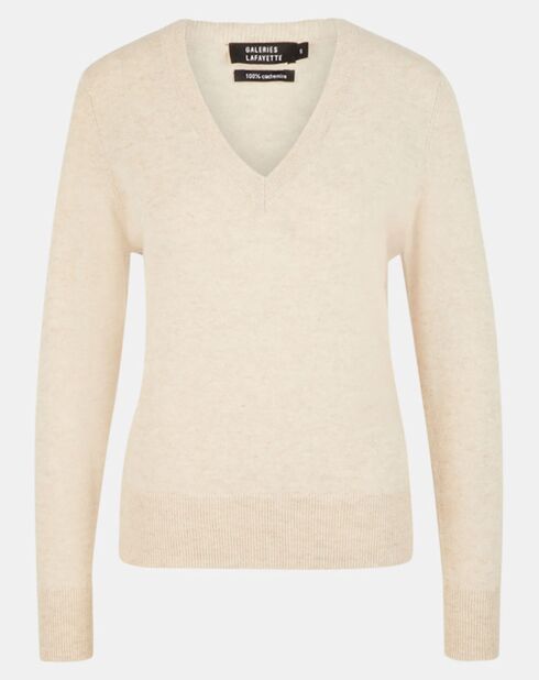 Pull 100% Cachemire Zocon col V beige clair