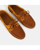 Chaussures bateau en Velours de Cuir bicolore cognac/Camel