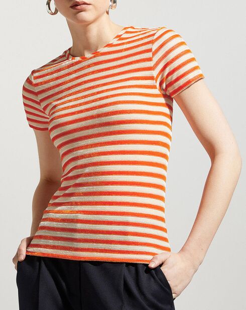 T-Shirt en Velours chenille rayé orange/beige