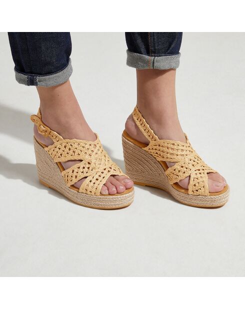 Sandalen mit Keilabsatz aus natürlichem Bastleder - 10 cm hoher Absatz