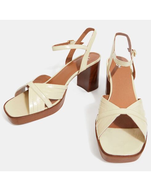 Ecru leren sandalen met hak 7,5 cm