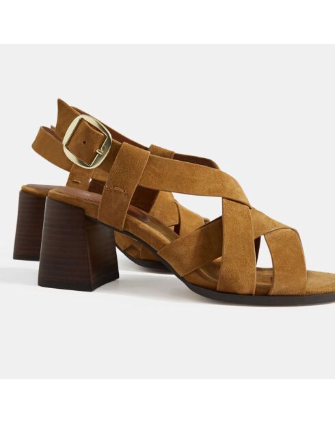 Sandalias de tacón en piel camel - Tacón 7 cm