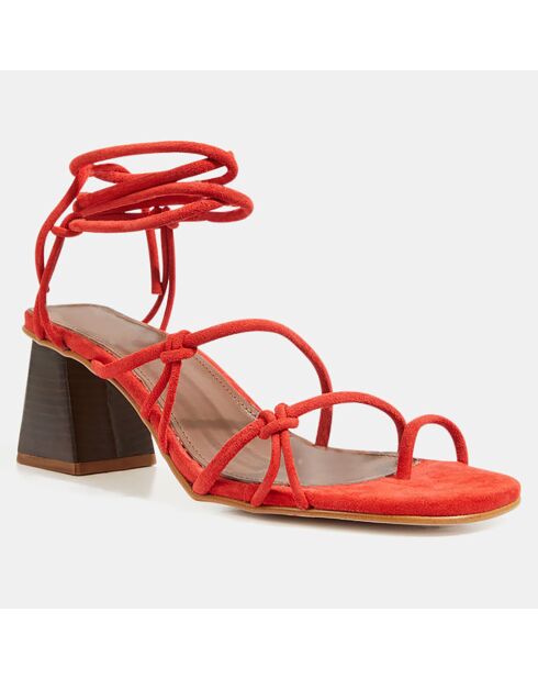 Oranjerode Goldie lederen fluwelen sandalen met hak van 7 cm