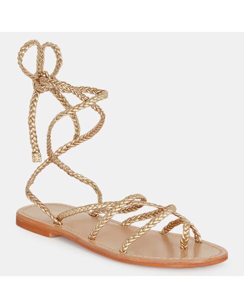 Platte sandalen van goudkleurig gevlochten leer