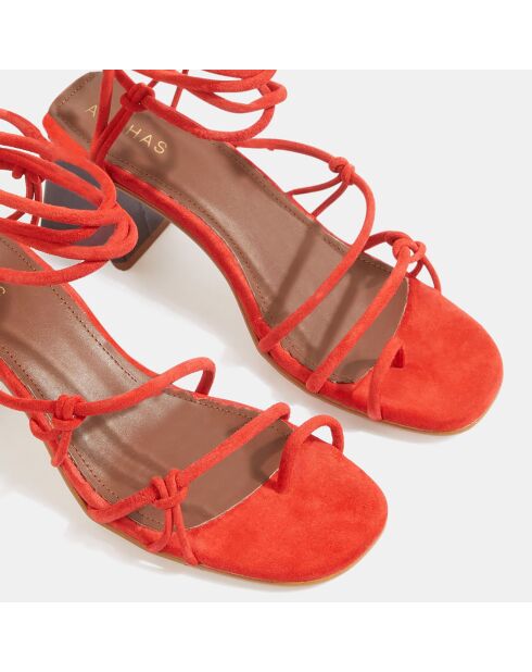 Oranjerode Goldie lederen fluwelen sandalen met hak van 7 cm