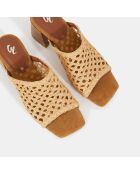 Mules à talon en Cuir Raphia naturel - Talon 7 cm