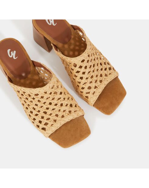 Mules con tacón de piel de rafia natural, tacón de 7 cm