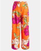 Orangefarbene Hose aus Leinen und Viskose mit schillerndem Blumenmuster