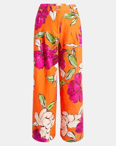 Orangefarbene Hose aus Leinen und Viskose mit schillerndem Blumenmuster