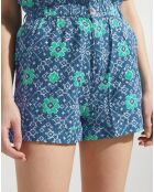 Short paperbag en Coton & Lin Nura imprimé bleu/vert