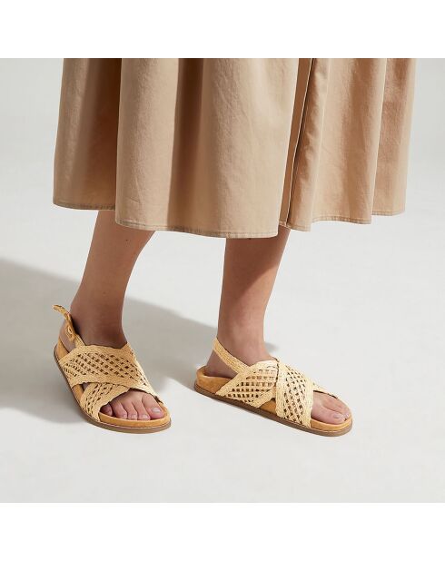 Platte sandalen van natuurlijk raffia-leer