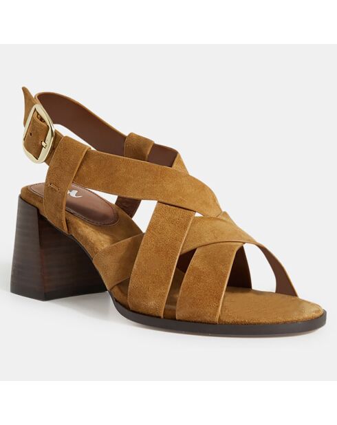 Sandalias de tacón en piel camel - Tacón 7 cm