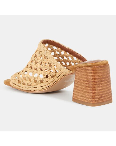 Mules con tacón de piel de rafia natural, tacón de 7 cm