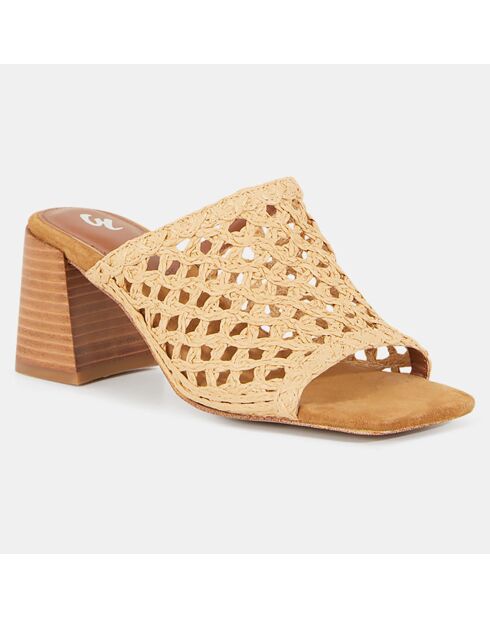 Mules con tacón de piel de rafia natural, tacón de 7 cm