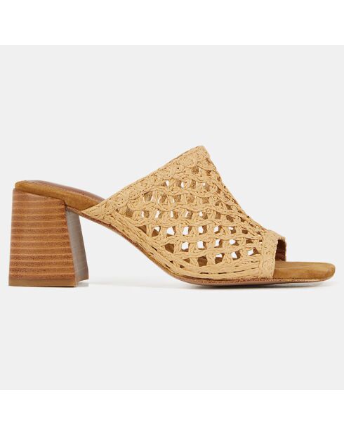 Mules con tacón de piel de rafia natural, tacón de 7 cm