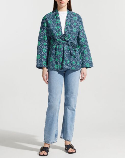 Kimono ceinturé Nougat imprimé bleu/vert