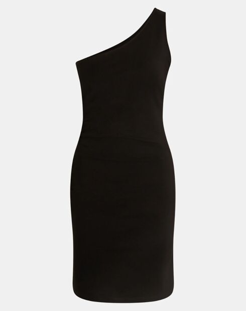 Inès schwarzes, einschultriges, kurzes Stretchstrickkleid
