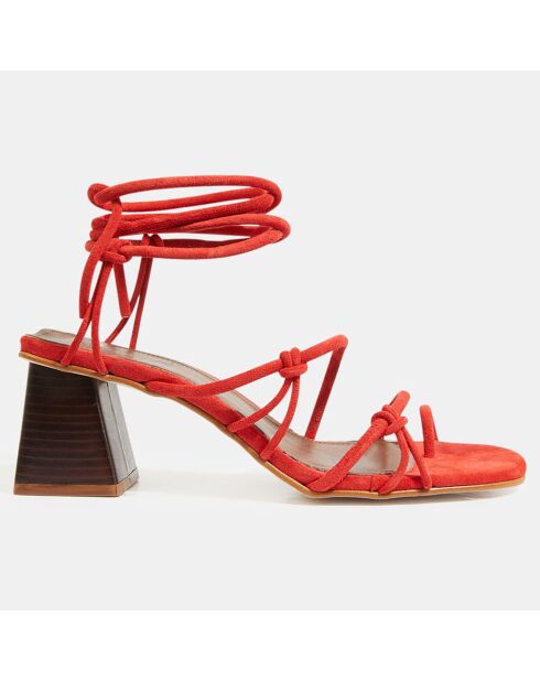 Oranjerode Goldie lederen fluwelen sandalen met hak van 7 cm